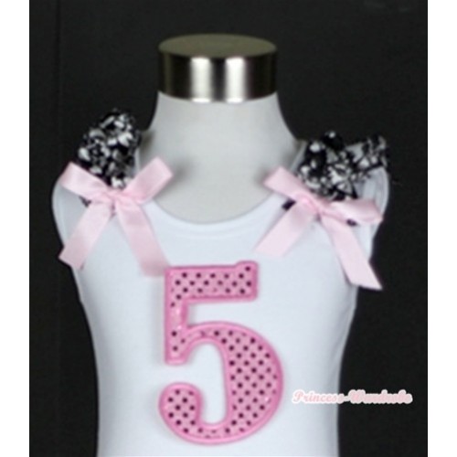 White Tank Top With 5th Sparkle Light Pink Birthday Number Print With Damask Ruffles& Light Pink Bows TB249 